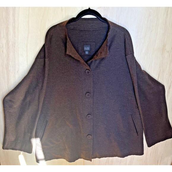 Eileen Fisher Size XL 100% Wool Jacket Coat Shrug Sweater Button Down Brown - Picture 1 of 9